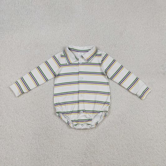 12.8 RTS NO MOQ （In stock）LR2880 Baby Girls Winter Rompers Baby Boys Long Sleeve Mardigras Stripe Button Rompers