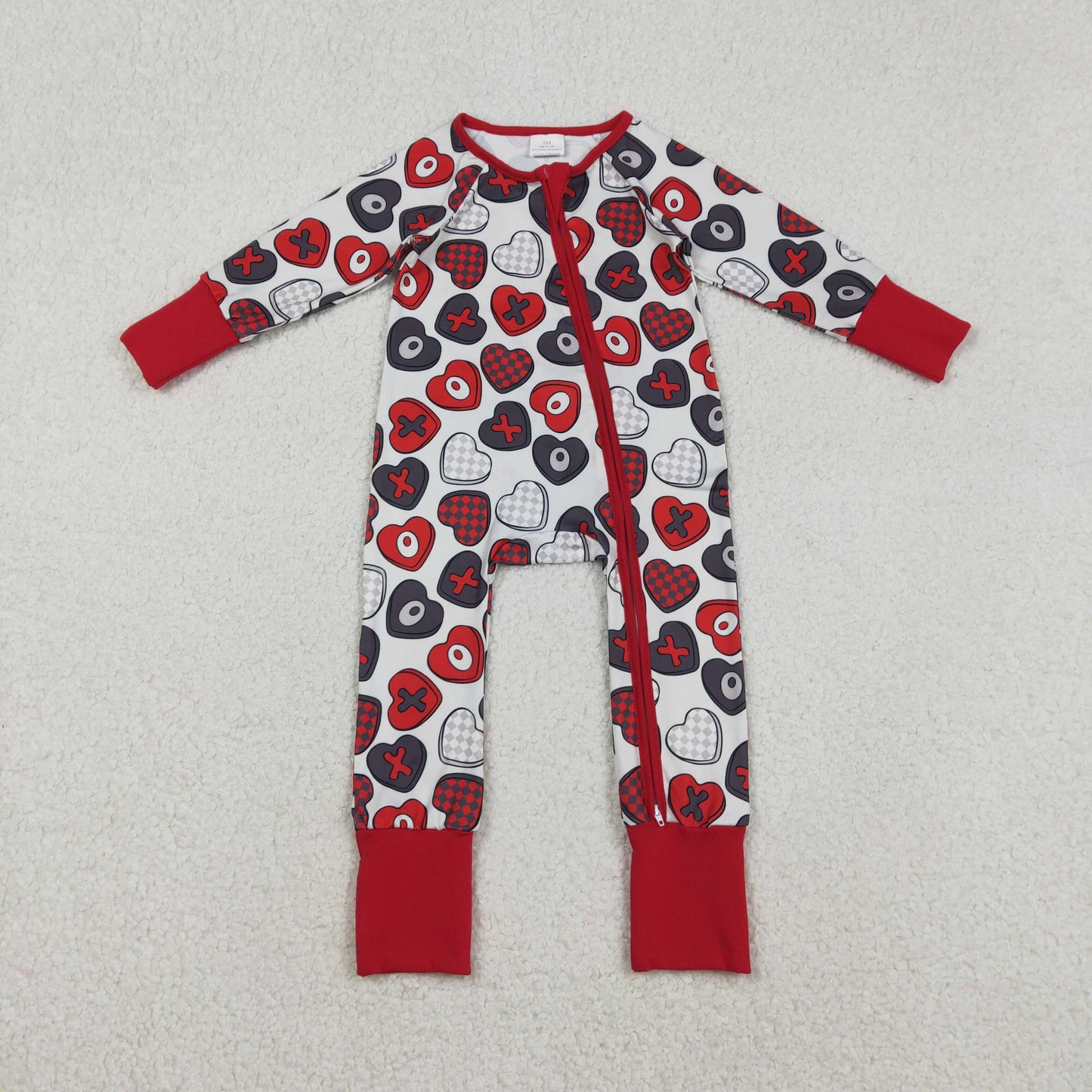 12.10 RTS NO MOQ （In stock）LR2882 Baby Girls Winter Rompers Baby Girls Hearts XOXO Valentines Two Way Zip Convertible Rompers