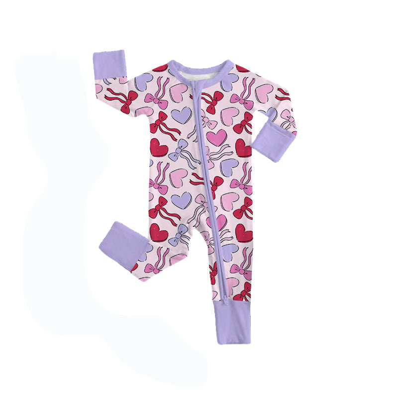 11.5 LR2883 Pre Order No moq Baby Girls Long Sleeve Hearts Bows Valentine Two Way Zip Convertible Rompers