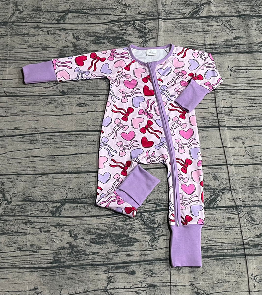 11.21 LR2883 Sample No Moq Baby Girls Long Sleeve Hearts Bows Valentine Two Way Zip Convertible Rompers