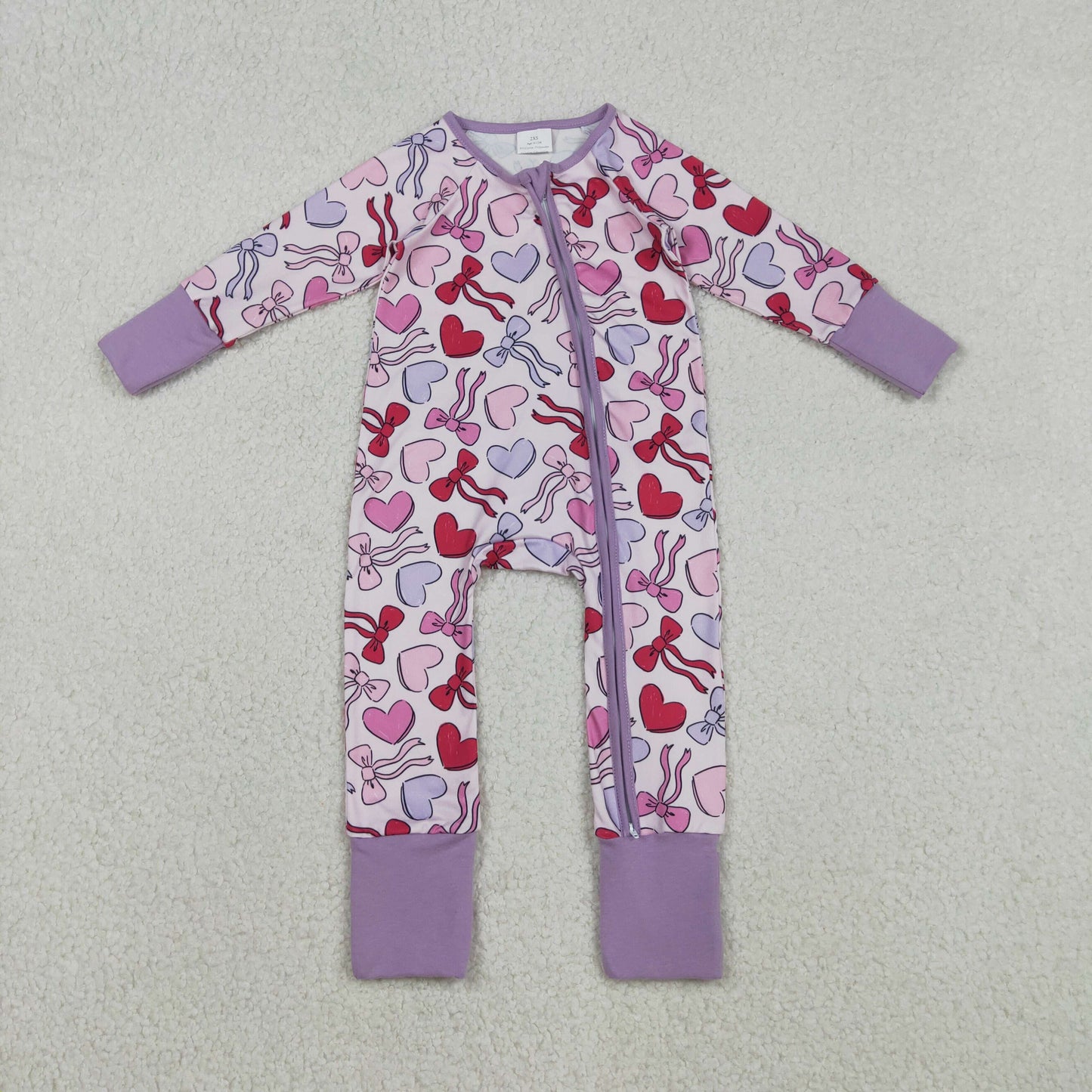 12.4 RTS NO MOQ （In stock）LR2883 Baby Boys Winter Rompers Baby Girls Long Sleeve Hearts Bows Valentines Two Way Zip Convertible Rompers