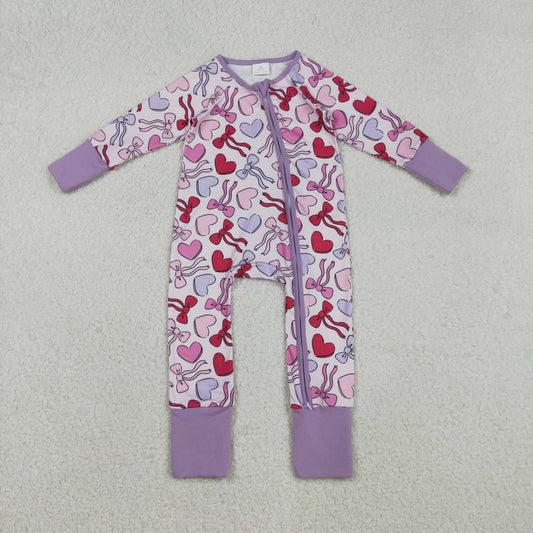 12.4 RTS NO MOQ （In stock）LR2883 Baby Boys Winter Rompers Baby Girls Long Sleeve Hearts Bows Valentines Two Way Zip Convertible Rompers