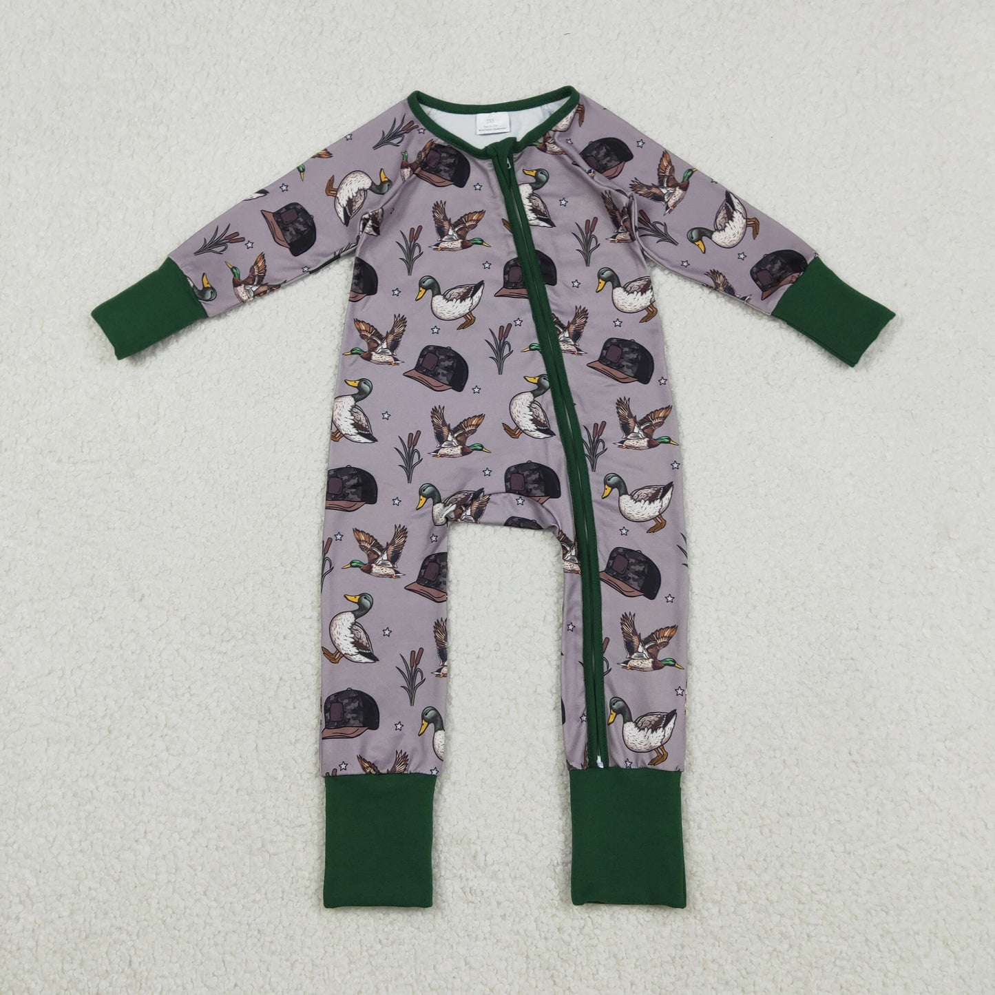 12.13 RTS NO MOQ （In stock）LR2886 Baby Girls Winter Rompers Baby Boys Camo Hats Ducks Hunting Two Way Zip Convertible Rompers