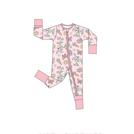 11.7 LR2891 Pre Order No moq Baby Girls Rabbits Carrots Flowers Easter Two Way Zip Convertible Rompers