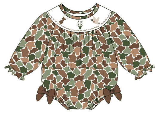 11.10 LR2897 Pre Order No moq Baby Girls Green Brown Camo Ducks Deer Ruffle Sleeve Hunting Rompers