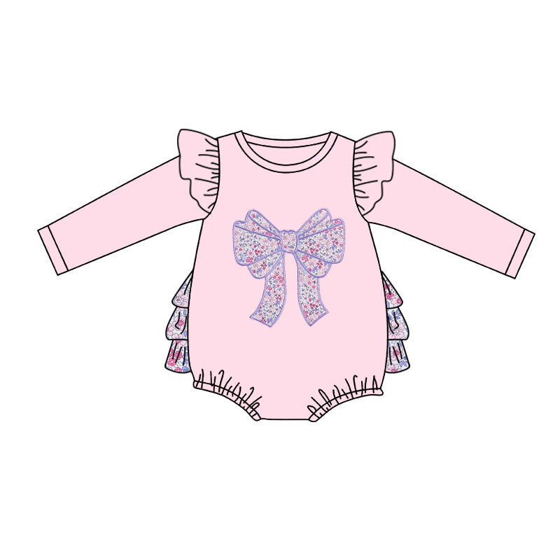 11.10 LR2898 Pre Order No moq Baby Girls Pink Floral Bows Long Sleeve Bubbly Ruffle Rompers