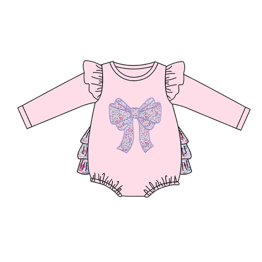 11.10 LR2898 Pre Order No moq Baby Girls Pink Floral Bows Long Sleeve Bubbly Ruffle Rompers