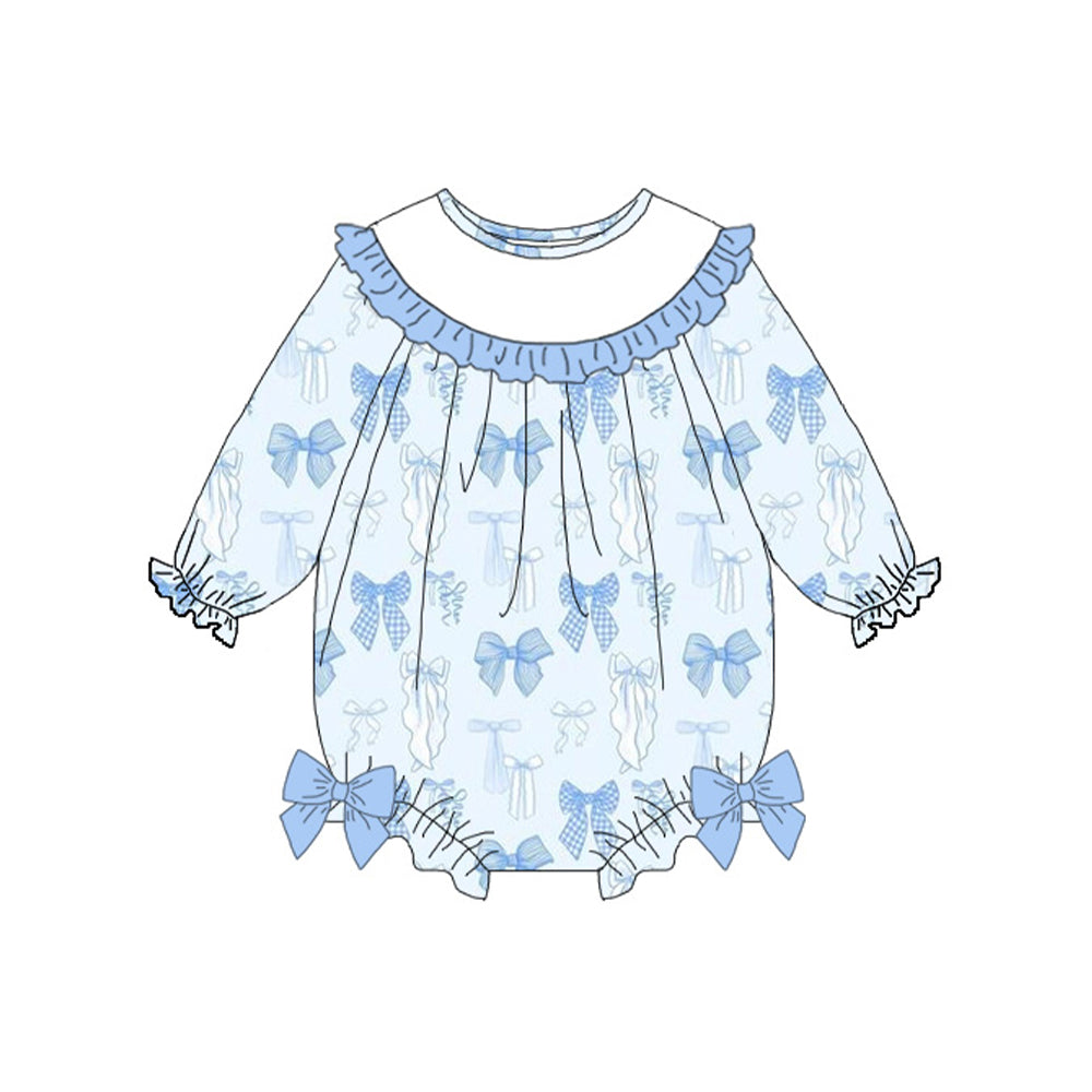 11.10 LR2900 Pre Order No moq Baby Girls Blue Bows Plaid Long Sleeve Valentine Ruffle Rompers
