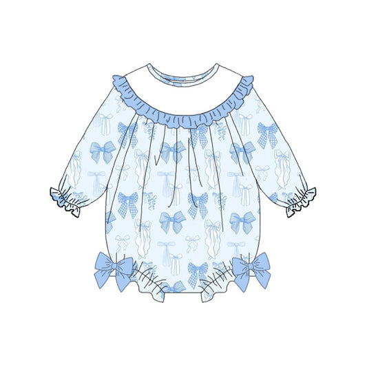 11.10 LR2900 Pre Order No moq Baby Girls Blue Bows Plaid Long Sleeve Valentine Ruffle Rompers