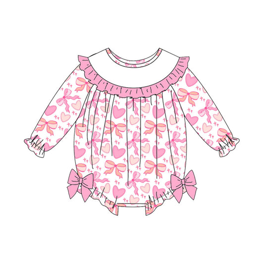 11.10 LR2901 Pre Order No moq Baby Girls Pink Bows Hearts Long Sleeve Valentine Ruffle Rompers