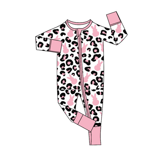 11.11 LR2904 Pre Order No moq Baby Girls Pink Rabbits Leopard Easter Two Way Zip Convertible Rompers
