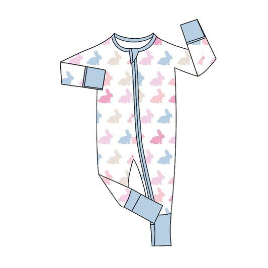 11.11 LR2905 Pre Order No moq Baby Girls Colorful Rabbits Easter Two Way Zip Convertible Rompers