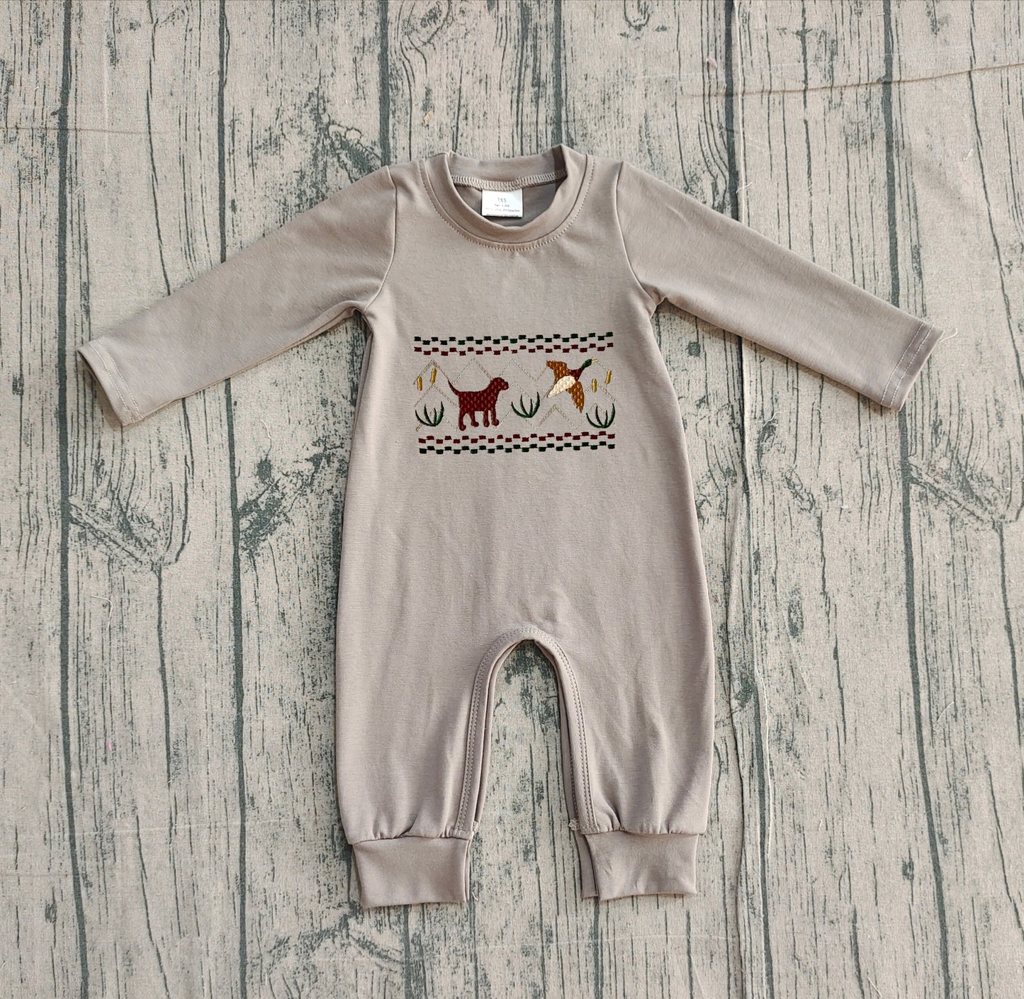 12.1 LR2909 Sample No Moq Embroidery Dog Ducks Baby Boys Hunting Two Way Zip Convertible Rompers