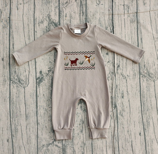12.1 LR2909 Sample No Moq Embroidery Dog Ducks Baby Boys Hunting Two Way Zip Convertible Rompers