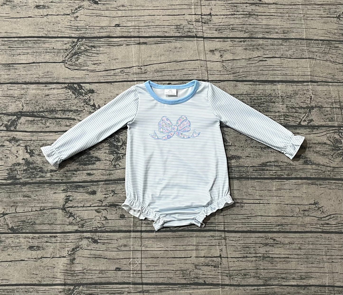 1.17 LR2917 Sample No Moq Baby Girls Blue Stripe Floral Bows Ruffle Rompers