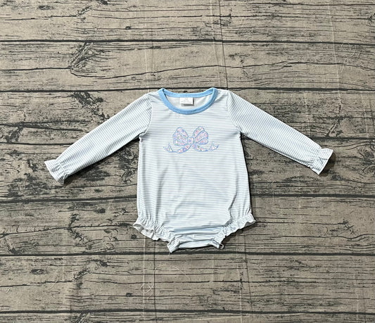 1.17 LR2917 Sample No Moq Baby Girls Blue Stripe Floral Bows Ruffle Rompers