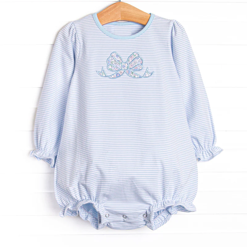 11.13 LR2917 Pre Order No moq Baby Girls Blue Stripe Floral Bows Ruffle Rompers