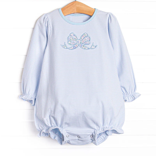 11.13 LR2917 Pre Order No moq Baby Girls Blue Stripe Floral Bows Ruffle Rompers