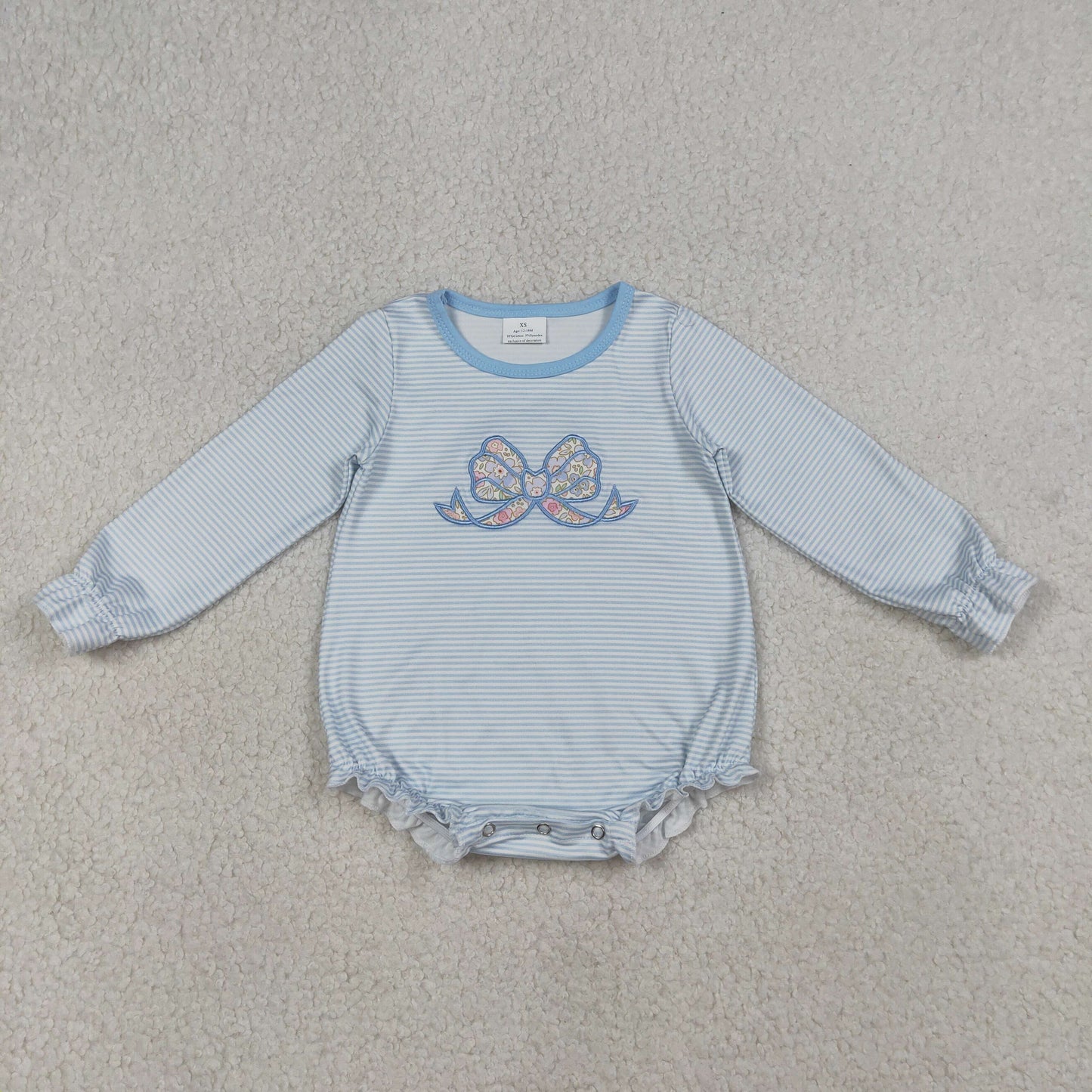 3.19 RTS NO MOQ （In stock）LR2917 Baby Girls Fashion Long Sleeve Embroidery Flowers Bow Blue Stripe Ruffle Rompers