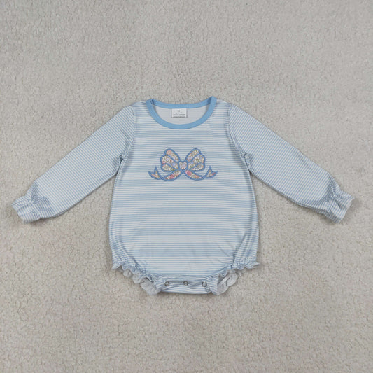 3.19 RTS NO MOQ （In stock）LR2917 Baby Girls Fashion Long Sleeve Embroidery Flowers Bow Blue Stripe Ruffle Rompers