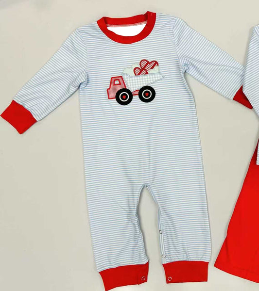 11.18 LR2922 Pre Order No moq Baby Boys Hearts Truck Stripe Valentines Footie Rompers
