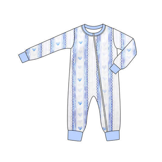 11.18 LR2923 Pre Order No moq Baby Boys Blue Hearts Stripe Valentines Two Way Zip Convertible Rompers