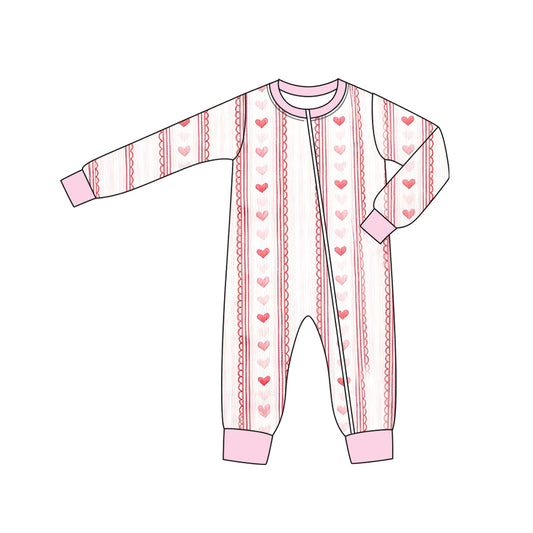 11.18 LR2924 Pre Order No moq Baby Girls Pink Hearts Stripe Valentines Two Way Zip Convertible Rompers