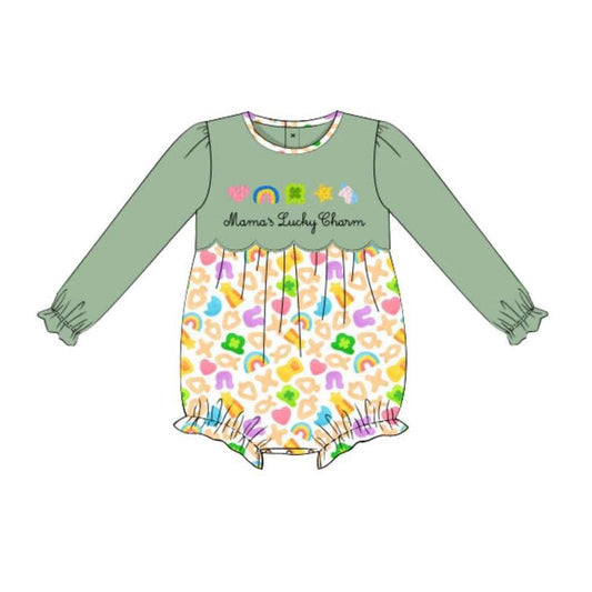 11.19 LR2929 Pre Order No moq Baby Girls Clovers Rainbows St Patrick Long Ruffle Sleeve Rompers