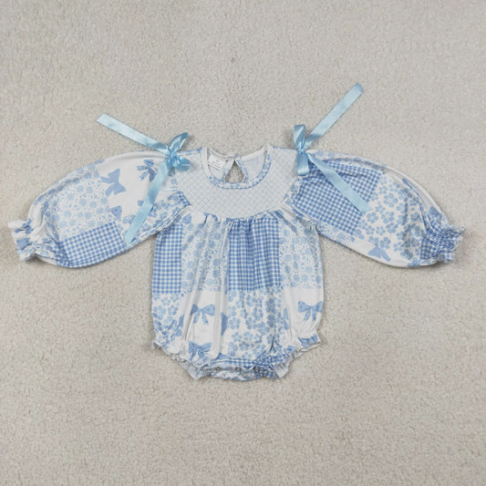 3.23 RTS NO MOQ （In stock）LR2931 Baby Girls Fashion Long Sleeve Smocked Checked Blue Bows Flowers Ruffle Rompers