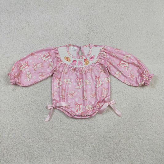 12.29 RTS NO MOQ （In stock）LR2938 Baby Girls Winter Rompers Smocked Boots Bows Baby Girls Pink Flowers Western Ruffle Rompers