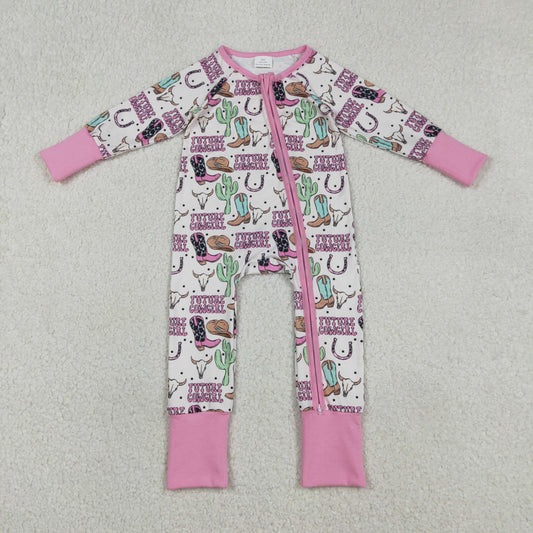 12.30 RTS NO MOQ （In stock）LR2945 Baby Girls Winter Rompers Baby Girls Cactus Cowgirls Western Two Way Zip Convertible Rompers
