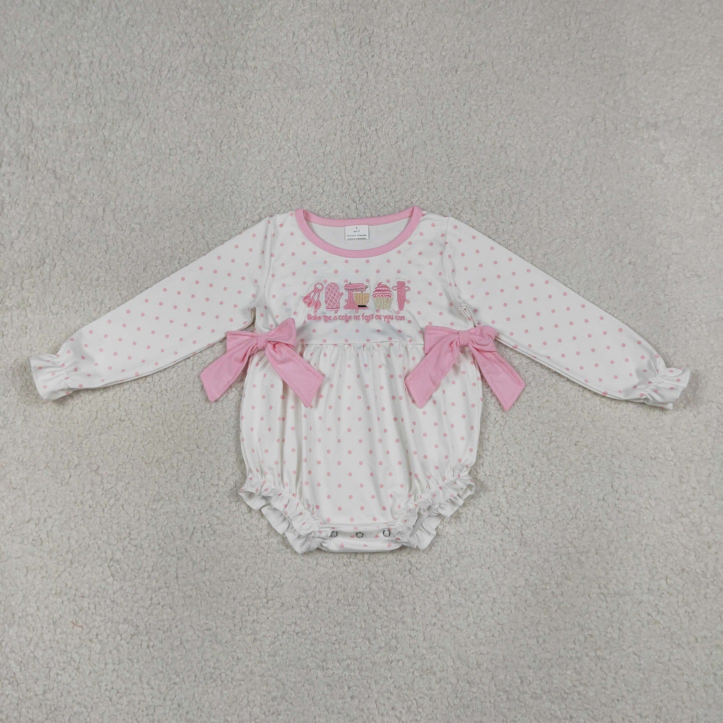 LR2947 RTS NO MOQ （In stock）Long sleeves pink polka dots cake baby girls romper