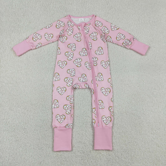 12.30 RTS NO MOQ （In stock）LR2960 Baby Girls Winter Rompers Baby Girls Donuts Hearts Valentines Two Way Zip Convertible Rompers