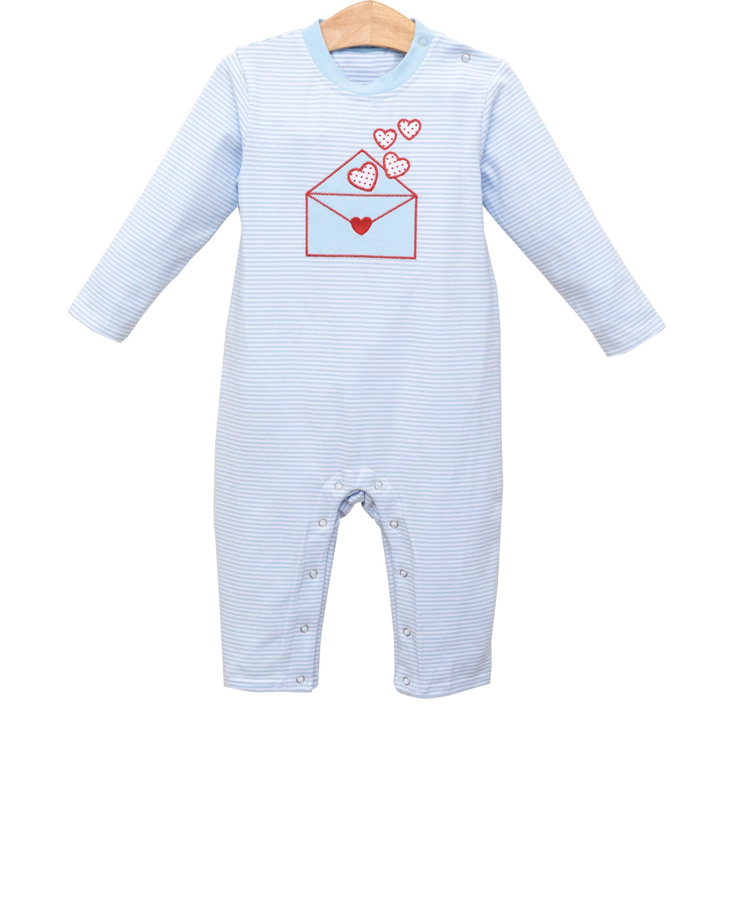 12.5 LR2971 Pre Order No moq Baby Boys Long Sleeve Blue Stripe Hearts Letters Valentines Footie Rompers