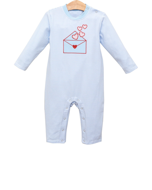 12.5 LR2971 Pre Order No moq Baby Boys Long Sleeve Blue Stripe Hearts Letters Valentines Footie Rompers