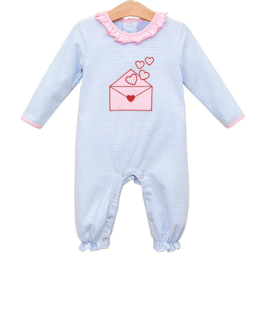 12.5 LR2972 Pre Order No moq Baby Girls Long Sleeve Blue Stripe Heart Letters Valentines Collar Footie Rompers