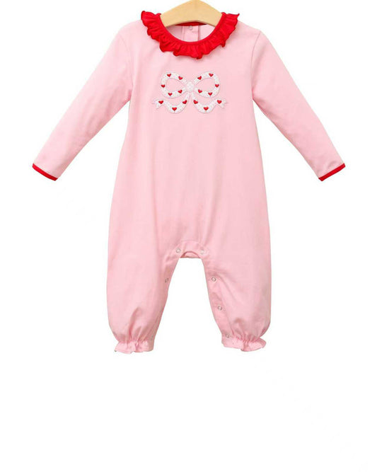 12.5 LR2973 Pre Order No moq Baby Girls Long Sleeve Pink Heart Bows Valentines Collar Footie Rompers