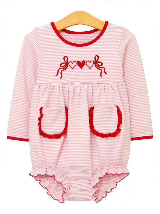 12.5 LR2974 Pre Order No moq Baby Girls Pink Stripe Heart Bows Valentines Pockets Ruffle Rompers