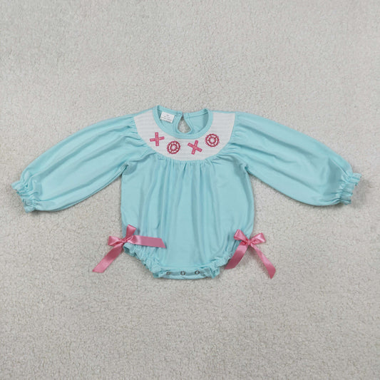1.20 RTS NO MOQ （In stock）LR2982 Smocked XOXO Baby Girls Bows Valentines Ruffle Rompers