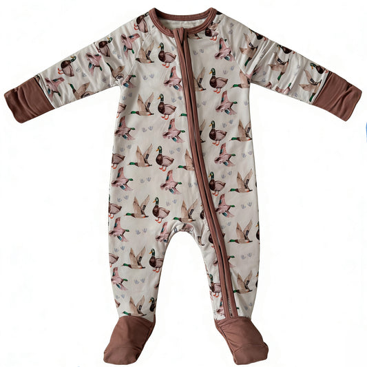 12.9 LR2985 Pre Order No moq Baby Boys Ducks Hunting Two Way Zipper Convertible Footed Rompers