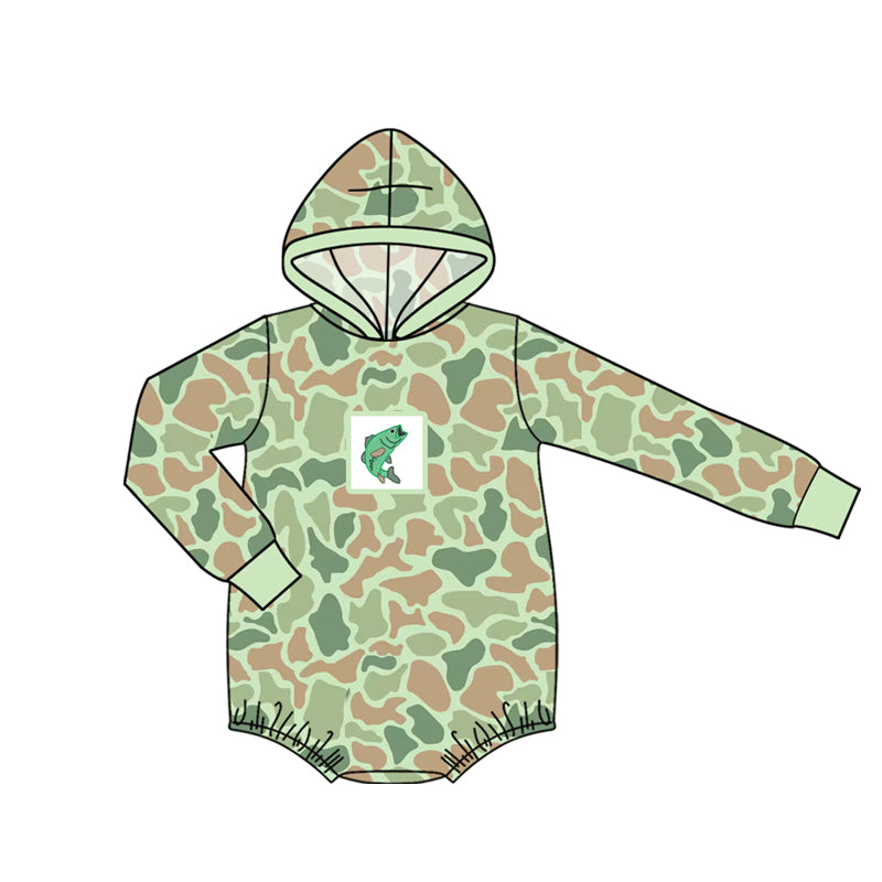 4.15 Pre Order No moq Baby Boy Camo Hooded Romper,  Print Long Sleeve Bubble Bodysuit
