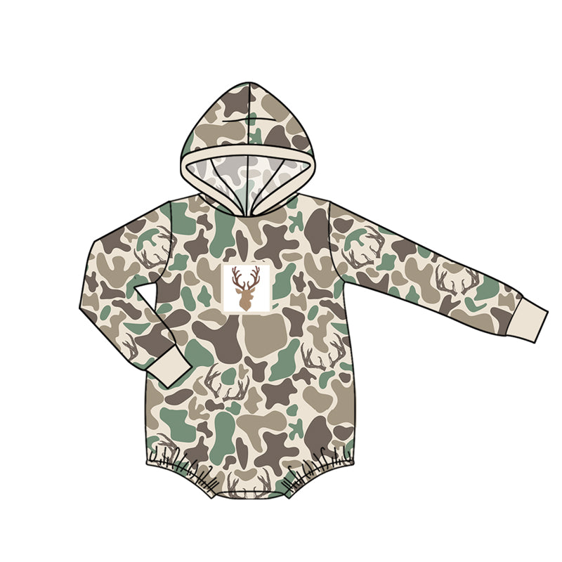 4.15 Pre Order No moq Baby Boy Camo Hooded Romper,  Print Long Sleeve Bubble Bodysuit