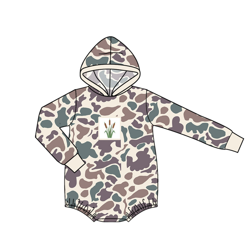 4.15 Pre Order No moq Baby Boy Camo Hooded Romper,  Print Long Sleeve Bubble Bodysuit