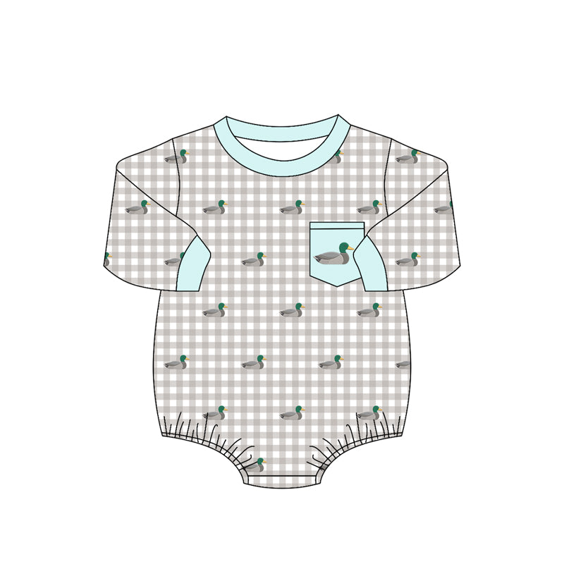 4.16 Pre Order No moq Baby Boys Long Sleeve Grey Checked Ducks Pocket Hunting Rompers