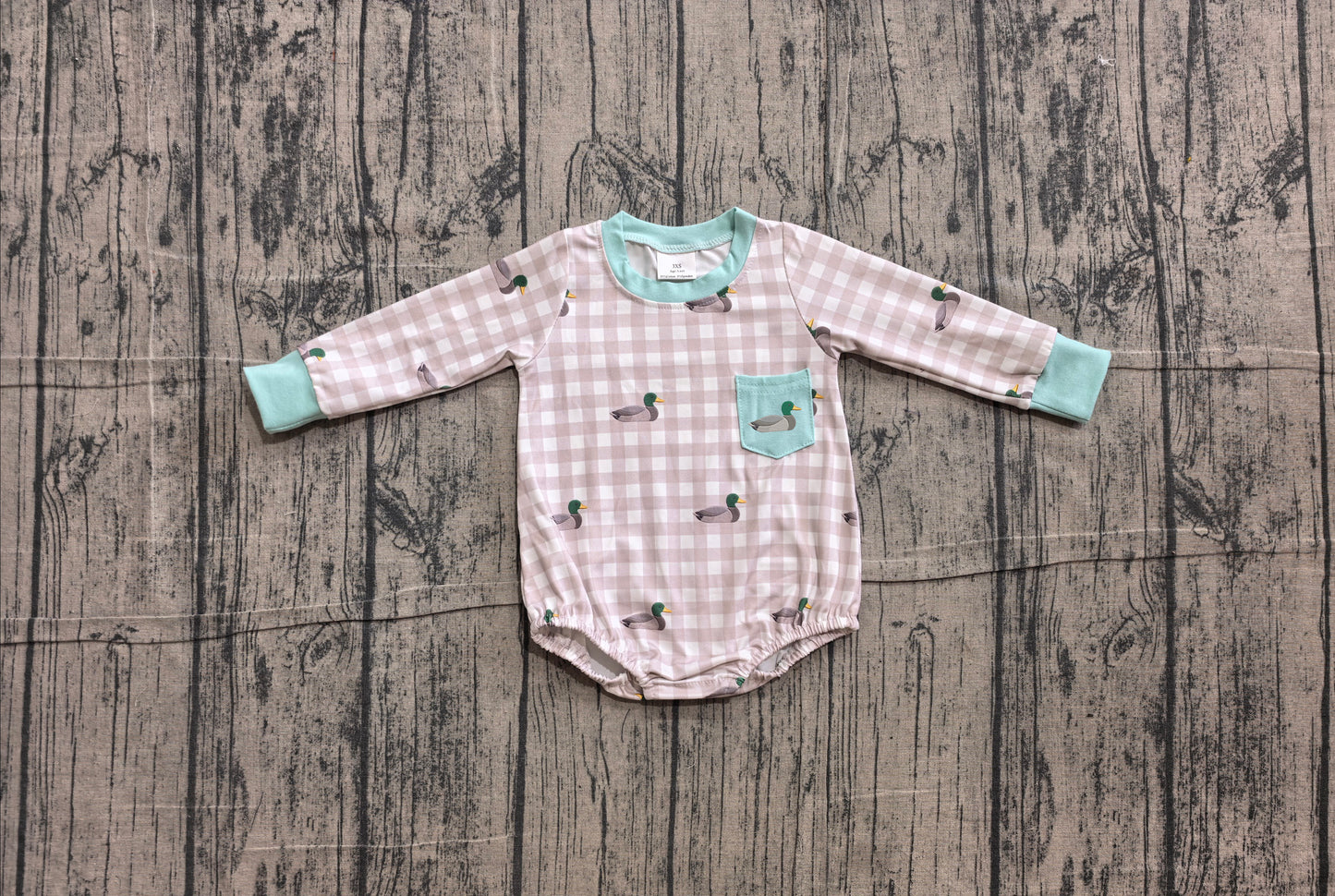 6.10 LR3000 Sample No Moq Embroidery Baby Boys Duck Pocket Long Sleeve Checked Plaid Hunting Rompers