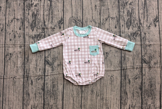 6.10 LR3000 Sample No Moq Embroidery Baby Boys Duck Pocket Long Sleeve Checked Plaid Hunting Rompers