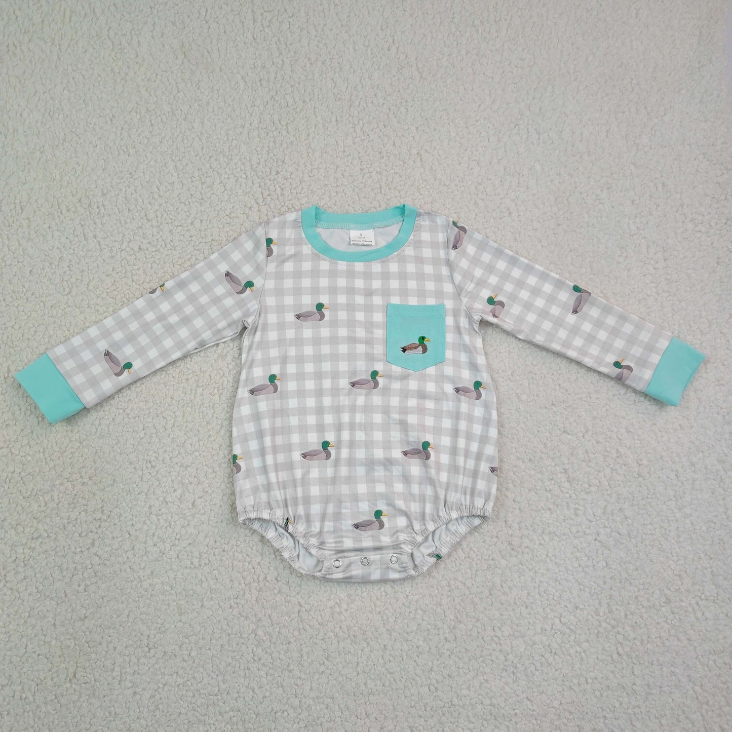 LR3000 RTS NO MOQ （In stock）Embroidery Baby Boys Duck Pocket Long Sleeve Checked Plaid Hunting Rompers