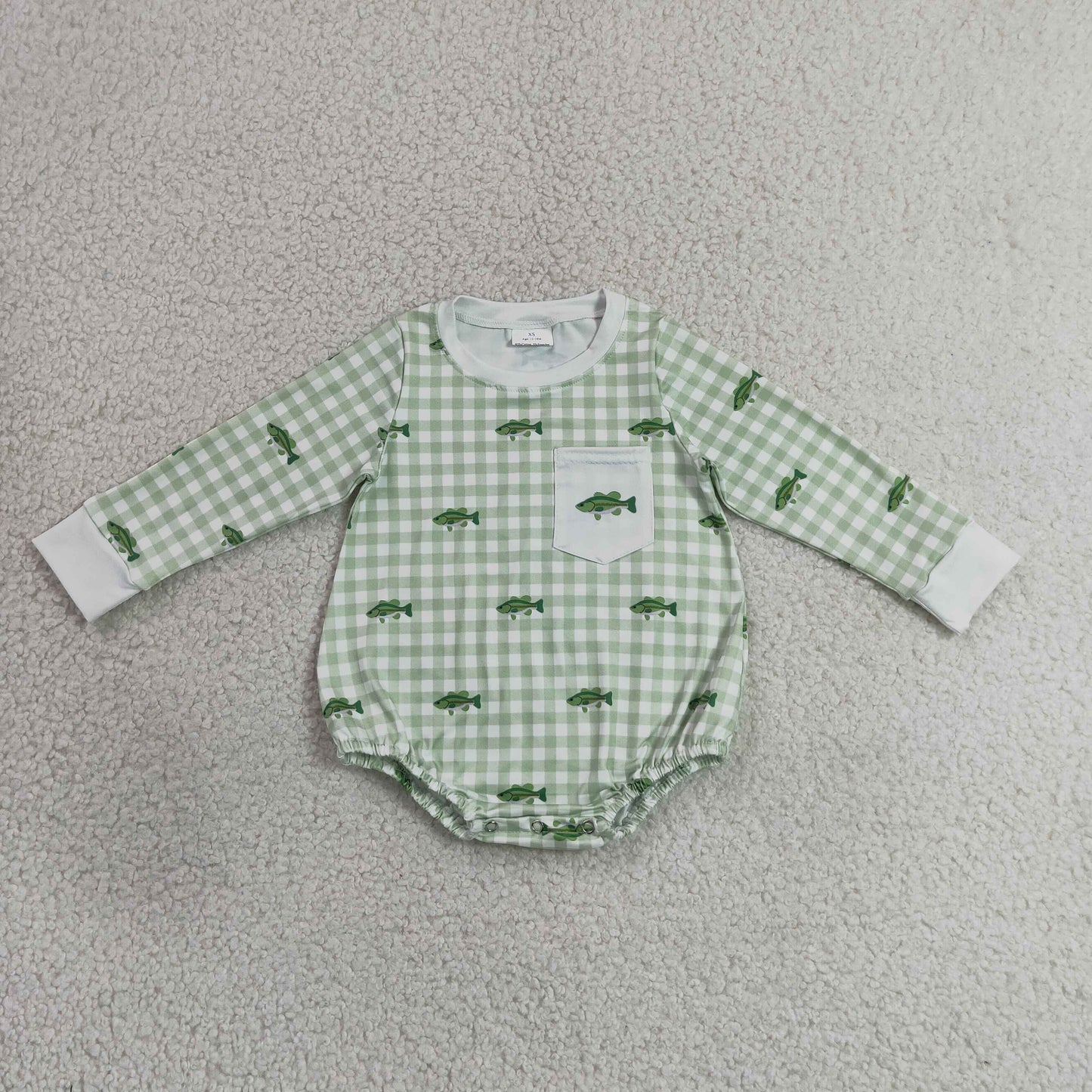 7.4 LR3001 RTS NO MOQ （In stock）Baby Boys Cute Fish Print Pocket Long Sleeve Plaid Checked Hunting Rompers