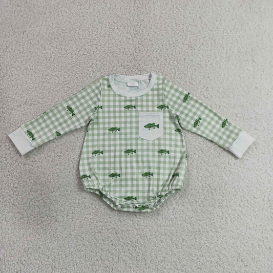 7.4 LR3001 RTS NO MOQ （In stock）Baby Boys Cute Fish Print Pocket Long Sleeve Plaid Checked Hunting Rompers
