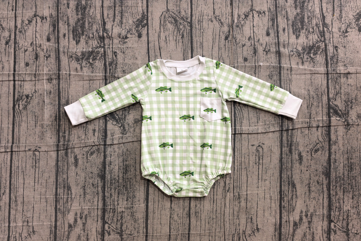 6.10 LR3001 Sample No Moq Baby Boys Cute Fish Print Pocket Long Sleeve Plaid Checked Hunting Rompers